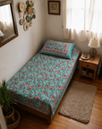 Aqua Bloom Floral Hand Block Print Single Bedsheet with Pillow Cover – 60×90 Inch