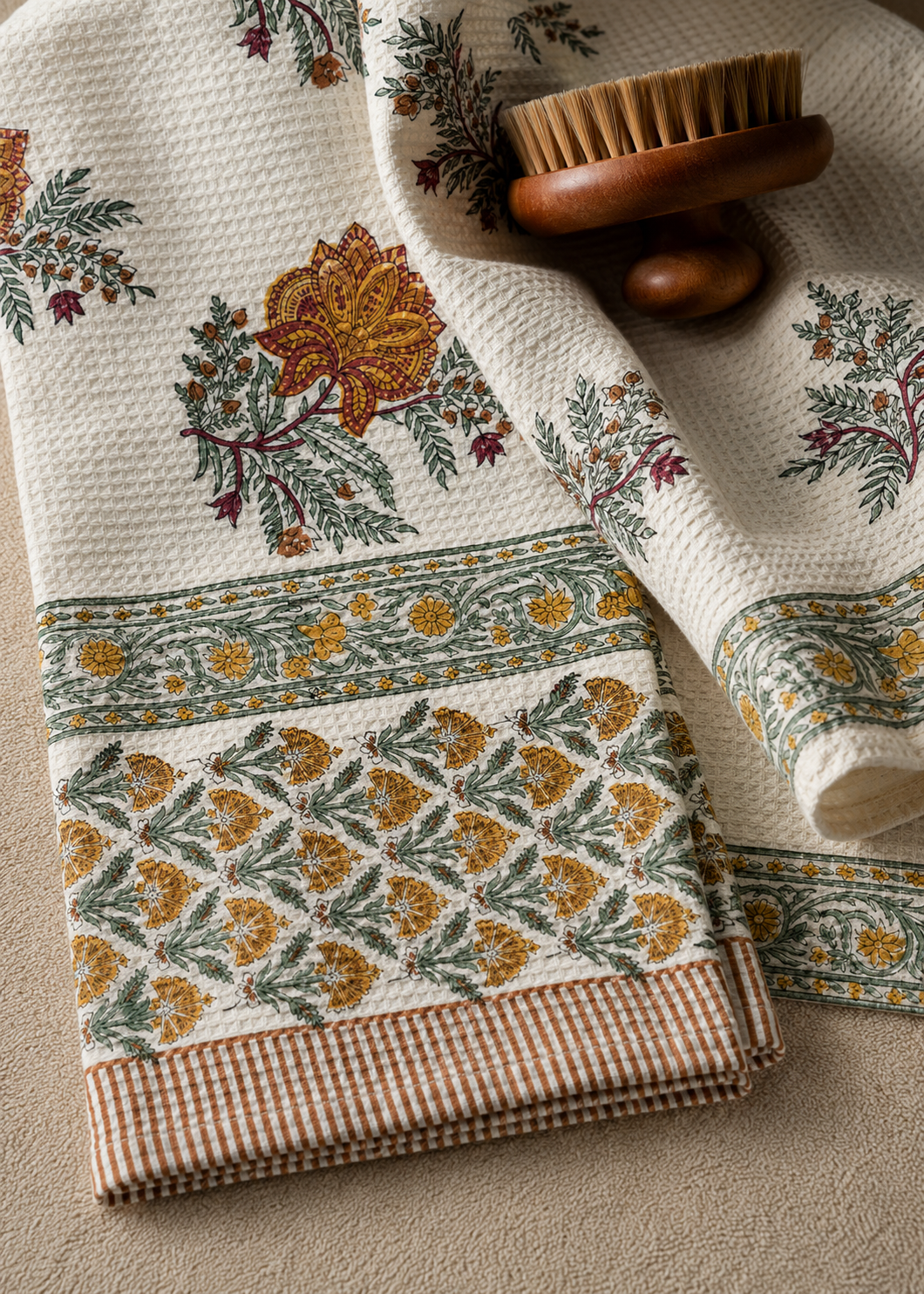 Marigold Premium Waffle Cotton Towel Set of 3 | 1 Bath Towel (30x60) &amp; 2 Hand Towels (16x26) | Floral Printed Soft Absorbent Bathroom Towel Gift Set