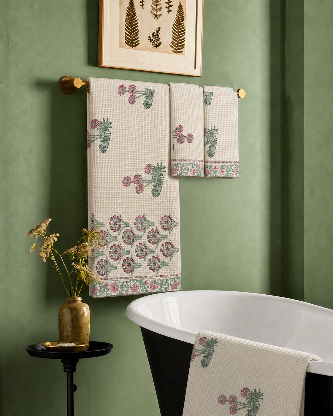 Scabiosa Premium Waffle Cotton Towel Set of 3 | 1 Bath Towel (30x60) &amp; 2 Hand Towels (16x26) | Floral Printed Soft Absorbent Bathroom Towel Gift Set