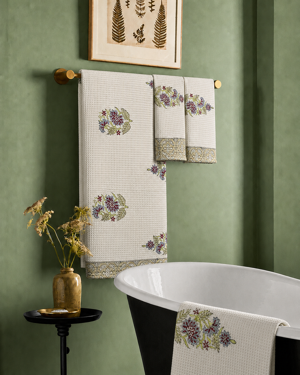 Dahlia Premium Waffle Cotton Towel Set of 3 | 1 Bath Towel & 2 Hand Towels