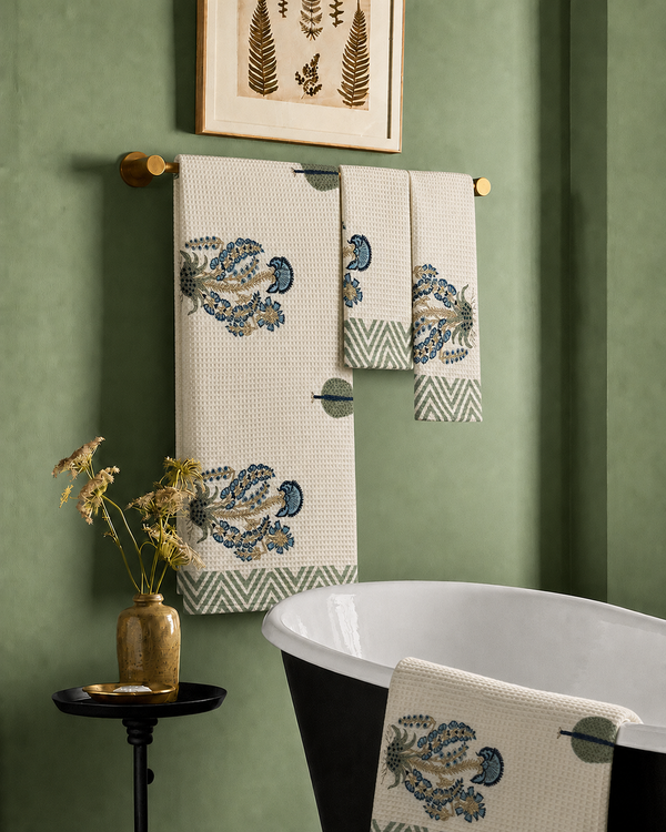 Blue Daisy Premium Waffle Cotton Towel Set of 3 | 1 Bath Towel & 2 Hand Towels
