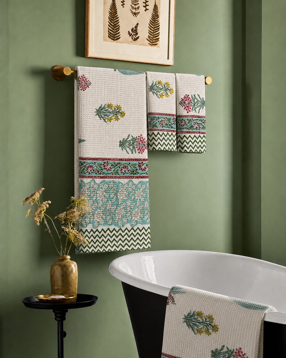 Wildflower Premium Waffle Cotton Towel Set of 3 | 1 Bath Towel (30x60) &amp; 2 Hand Towels (16x26) | Floral Printed Soft Absorbent Bathroom Towel Gift Set