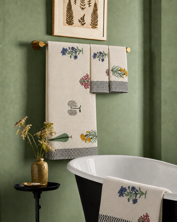 Bellflower Premium Waffle Cotton Towel Set of 3 | 1 Bath Towel & 2 Hand Towels