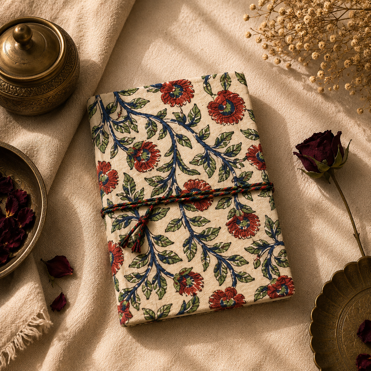 Handmade Cotton Fabric Cover Diary with Floral Vine Print | Eco-Friendly Handmade Paper Notebook | Sustainable Journal - FaagHomes