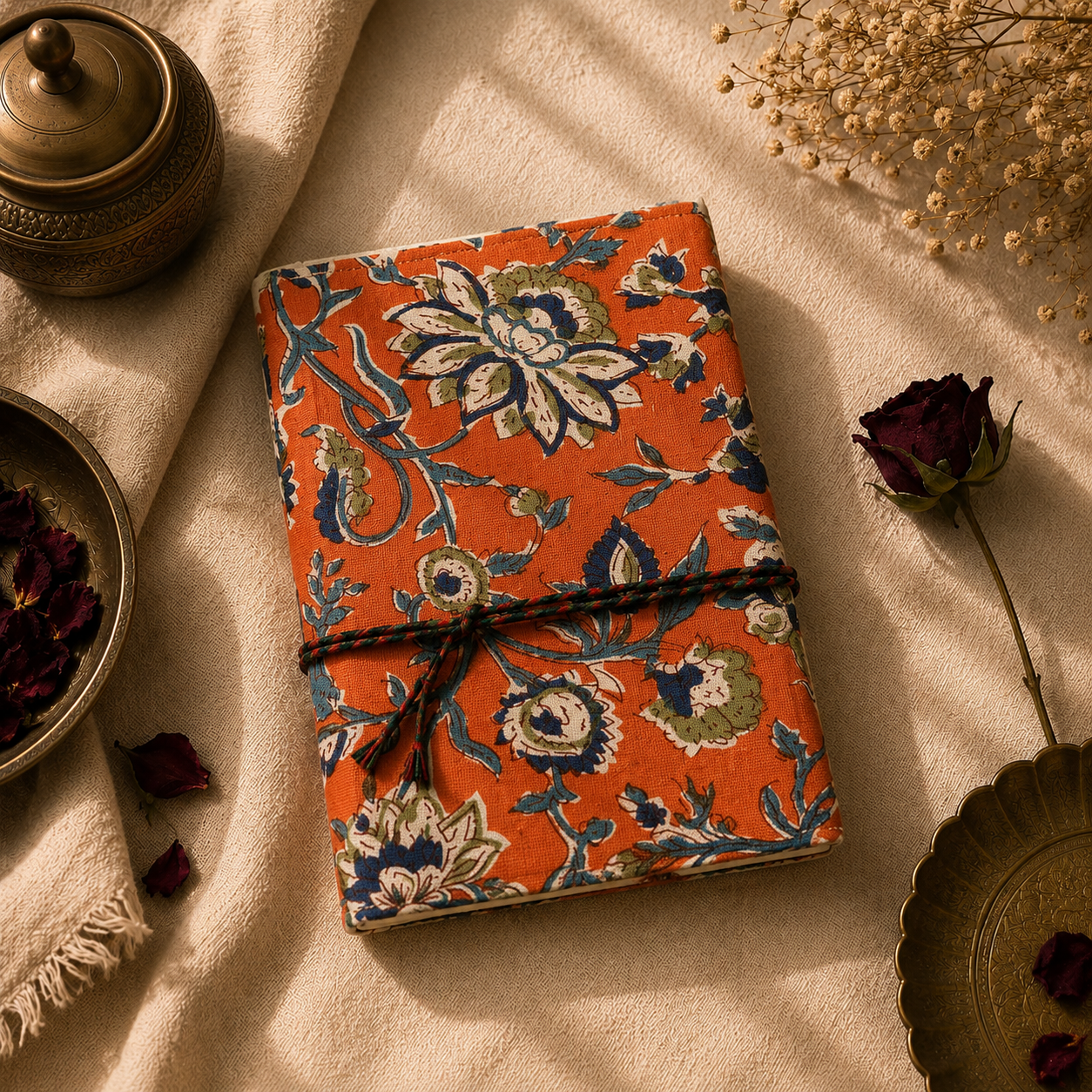 Orange Floral Handmade Cotton Fabric Cover Diary – Eco-Friendly Handmade Paper Notebook Journal - FaagHomes
