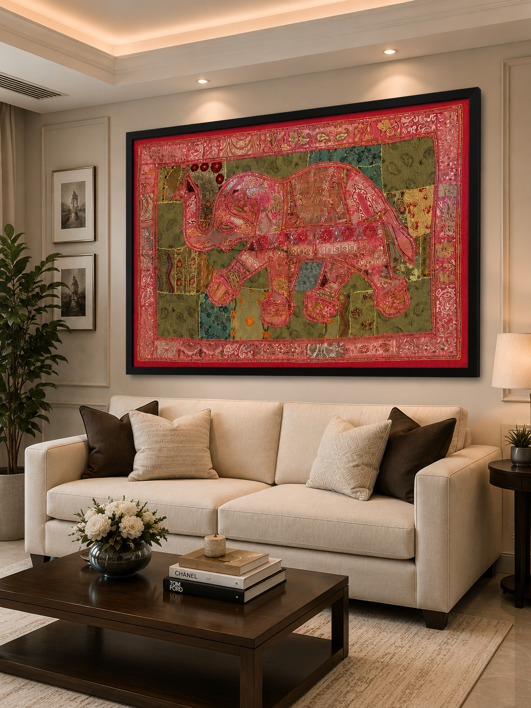 Pink Elephant Patchwork Tapestry Wall Hanging – Handmade Vintage Embroidered Boho Home Décor Tapestry - FaagHomes