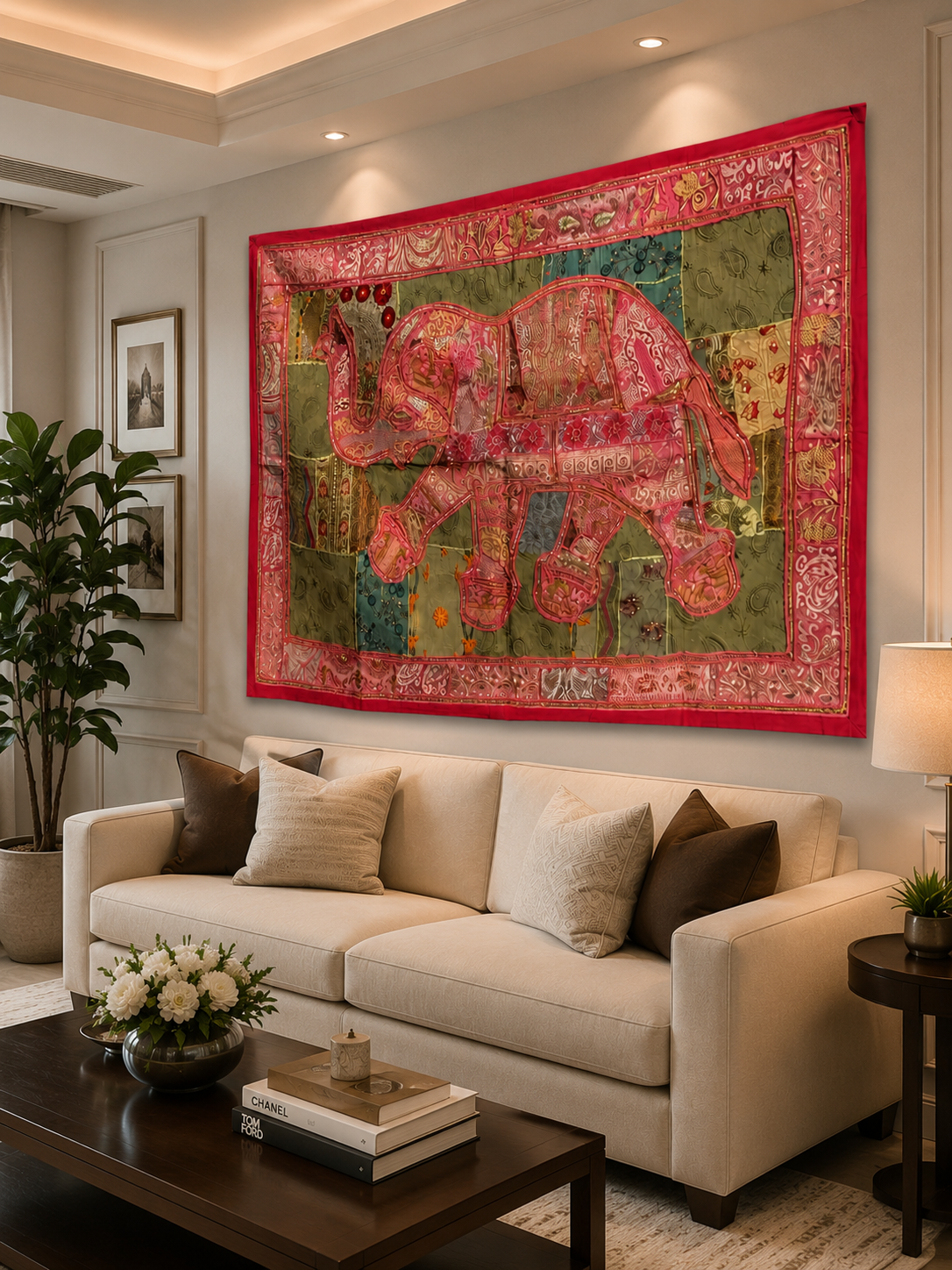 Pink Elephant Patchwork Tapestry Wall Hanging – Handmade Vintage Embroidered Boho Home Décor Tapestry - FaagHomes