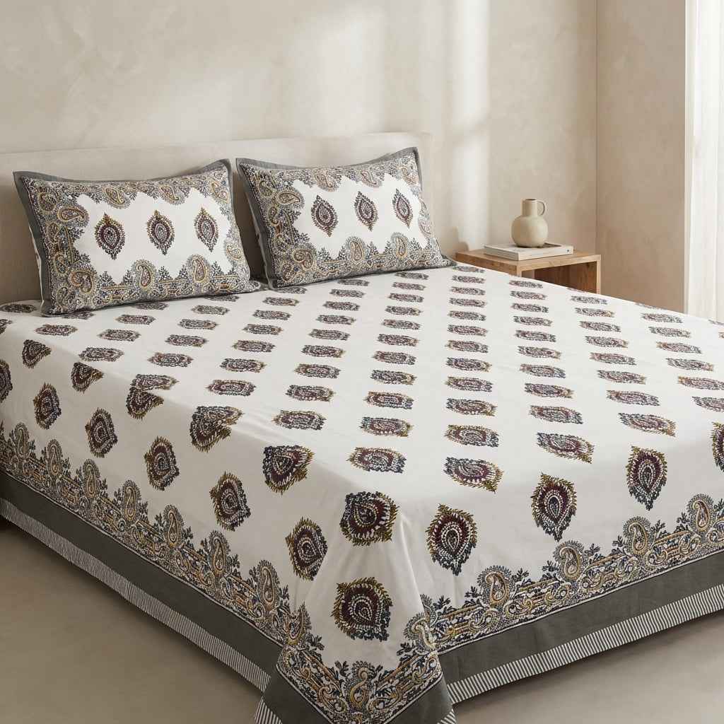 Maharaja Royal Paisley Pure Cotton King Size Bedsheet And Two Pillow Covers (120X120 Inches)