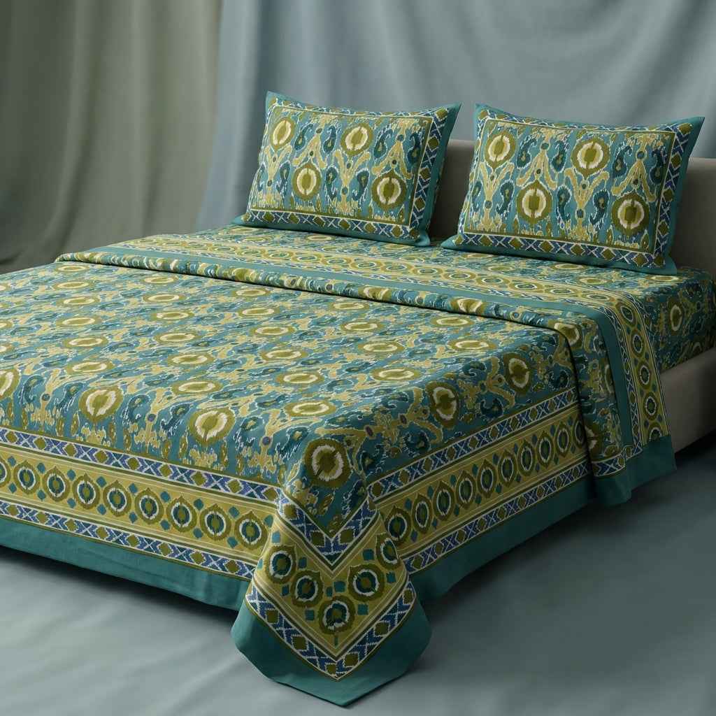 Maharaja Royal Ikat Elegance Pure Cotton King Size Bedsheet And Two Pillow Covers (120X120 Inches)