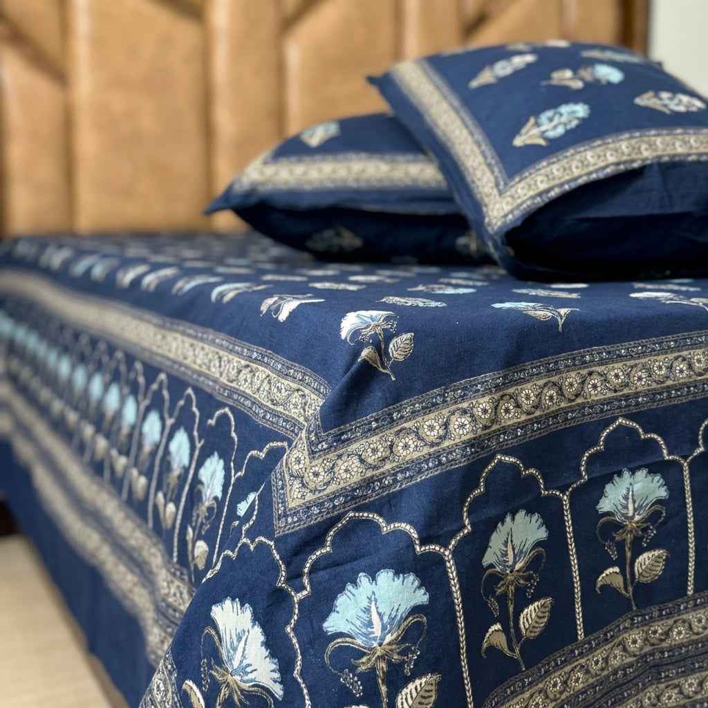 Maharaja Royal Indigo Floral Pure Cotton King Size Bedsheet And Two Pillow Covers (108X108 Inches)