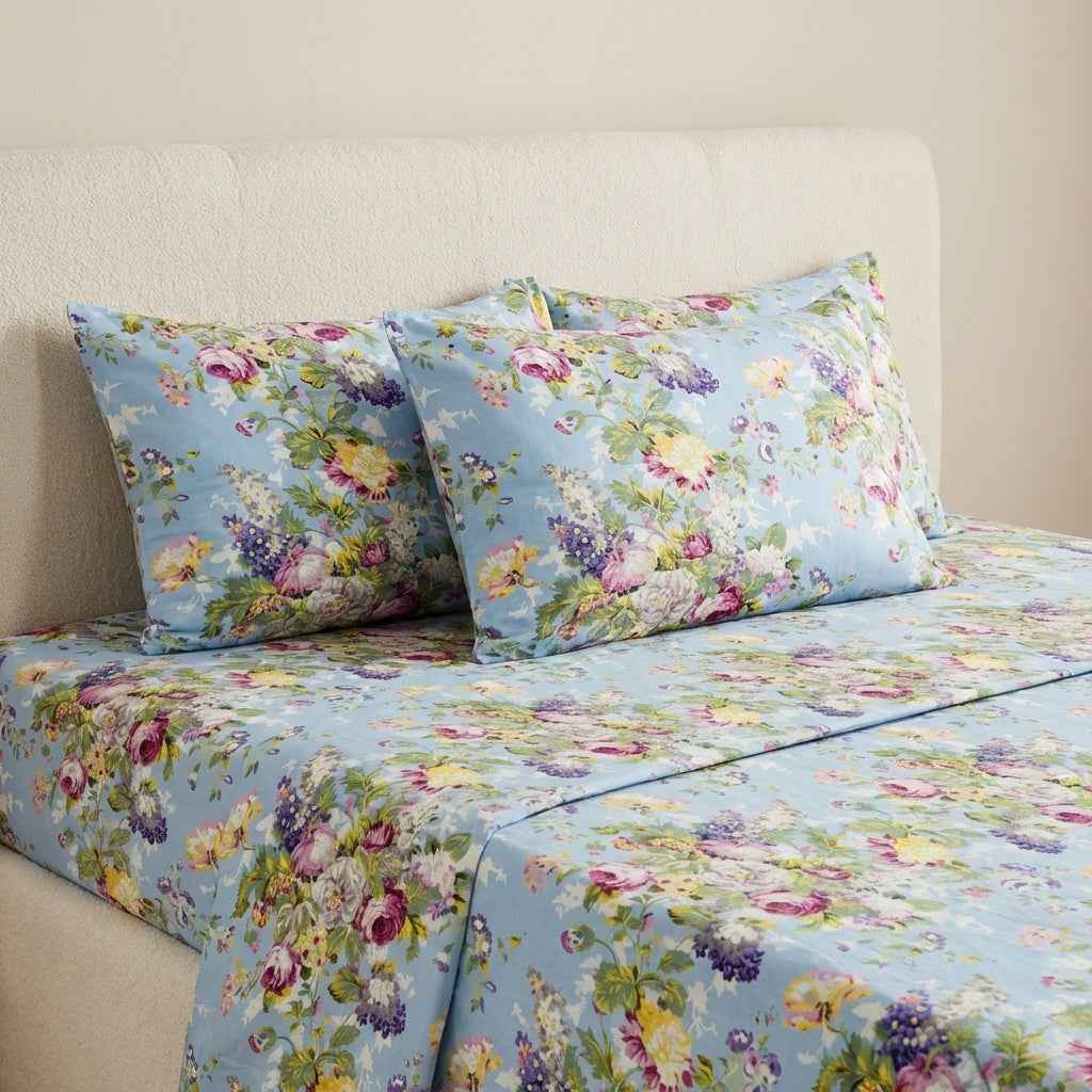 Rang Rajmahal Blue Booti Pure Cotton King Size Bedsheet And Two Pillow Covers 90X108