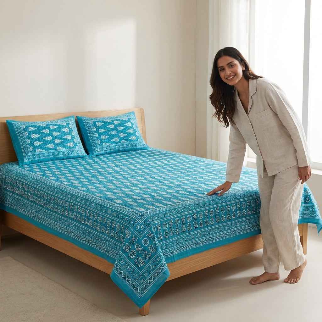 Jaipur Teal Gulmohar Queen Size Bedsheet And Two Pillow Covers 90 X 100