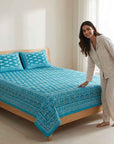 Jaipur Teal Gulmohar Queen Size Bedsheet And Two Pillow Covers 90 X 100