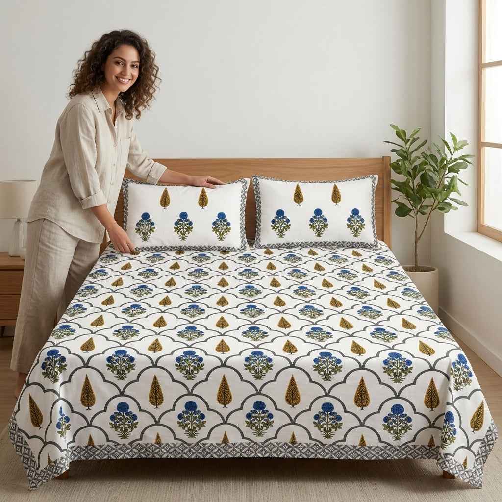 Neel Gulmohar Arch Double Bedsheet And Two Pillow Covers 90X108