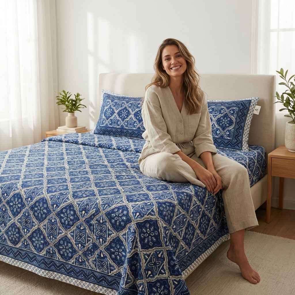 Royal Indigo Tile Pure Cotton King Size Bedsheet And Two Pillow Covers 90 X 100 Inches