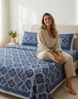 Royal Indigo Tile Pure Cotton King Size Bedsheet And Two Pillow Covers 90 X 100 Inches