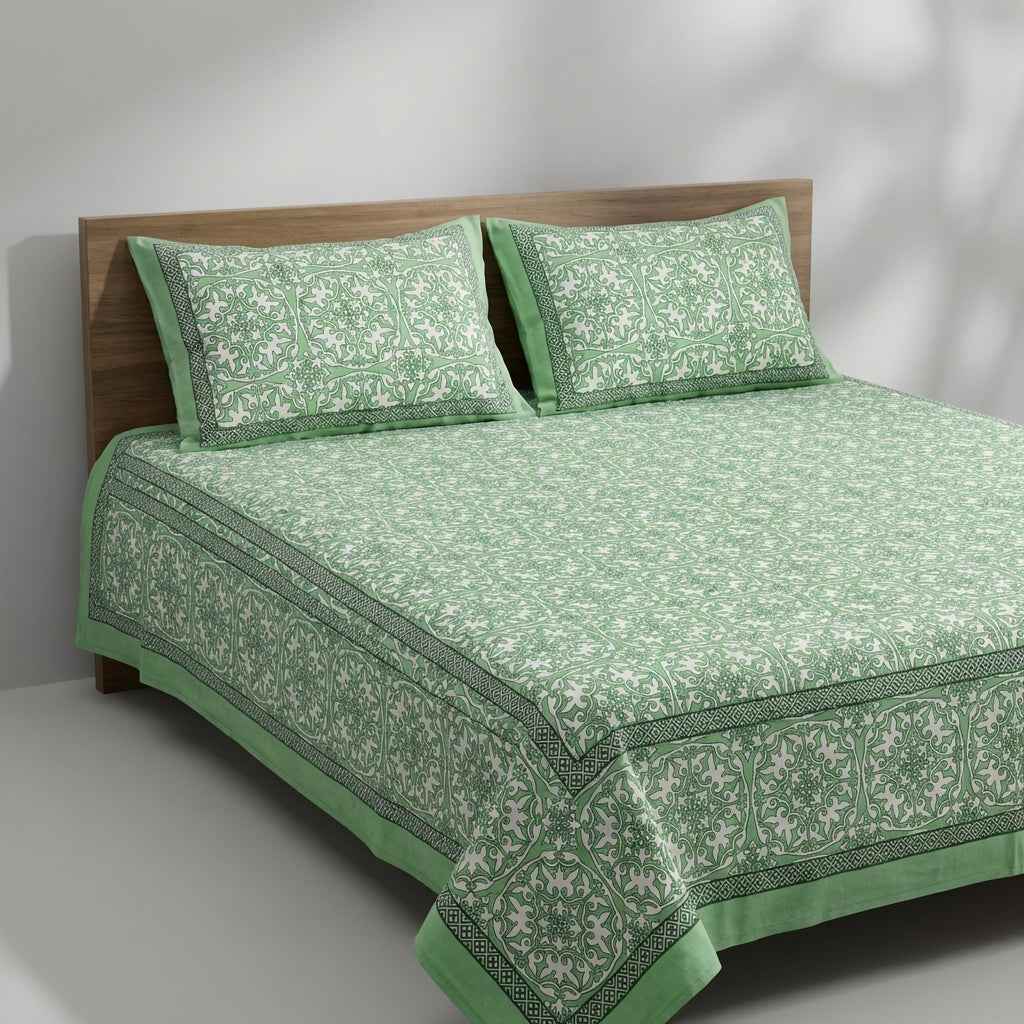 Maharaja Royal Mint Mughal Print Pure Cotton King Size Bedsheet And Two Pillow Covers 90 X 100 Inches