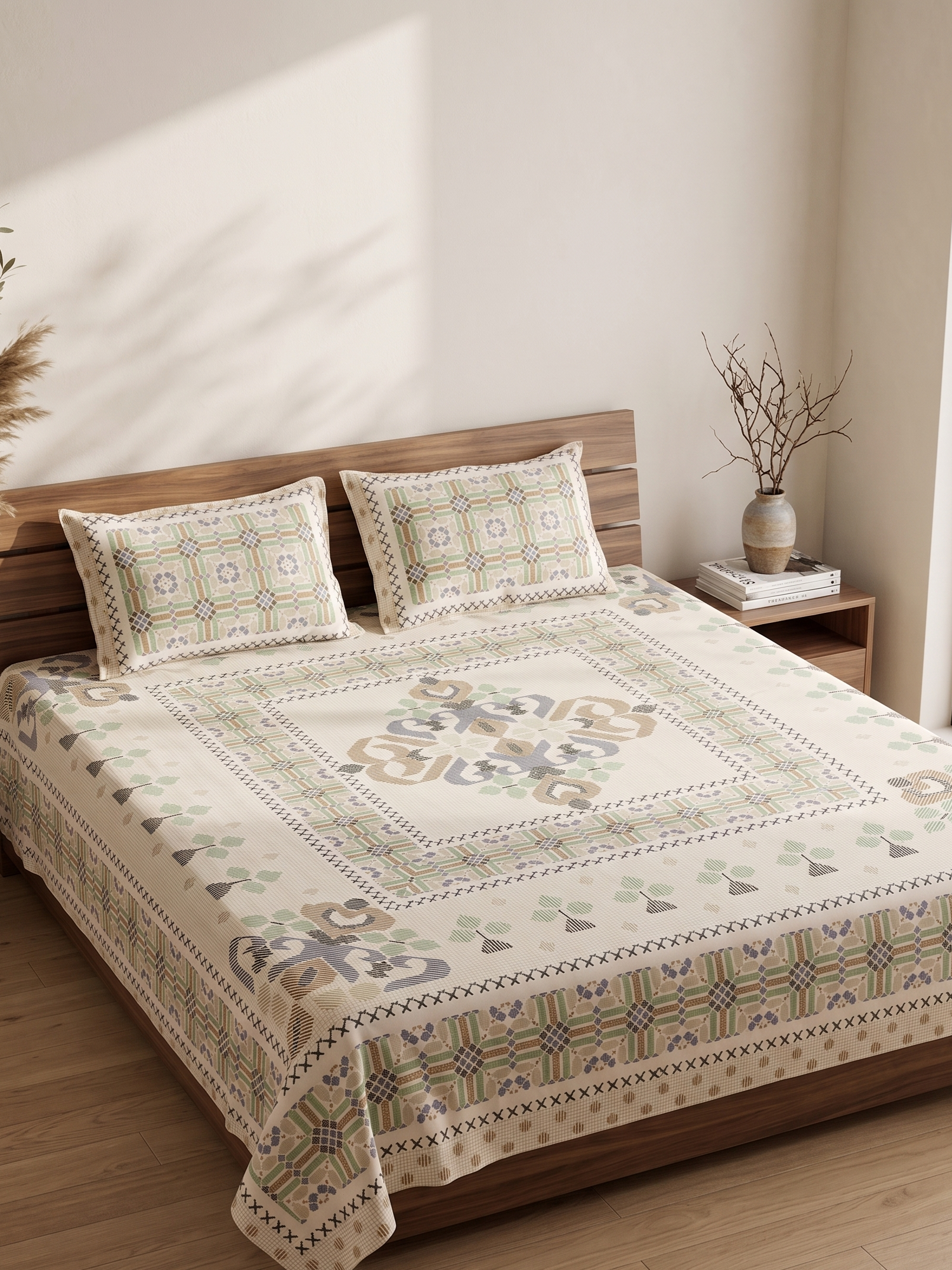 Mario Print Pastel Beige &amp; Green Geometric Cotton Bedsheet With Pillow Covers – Soft Breathable Double Bed Sheet Set | Modern Ethnic Design - FaagHomes