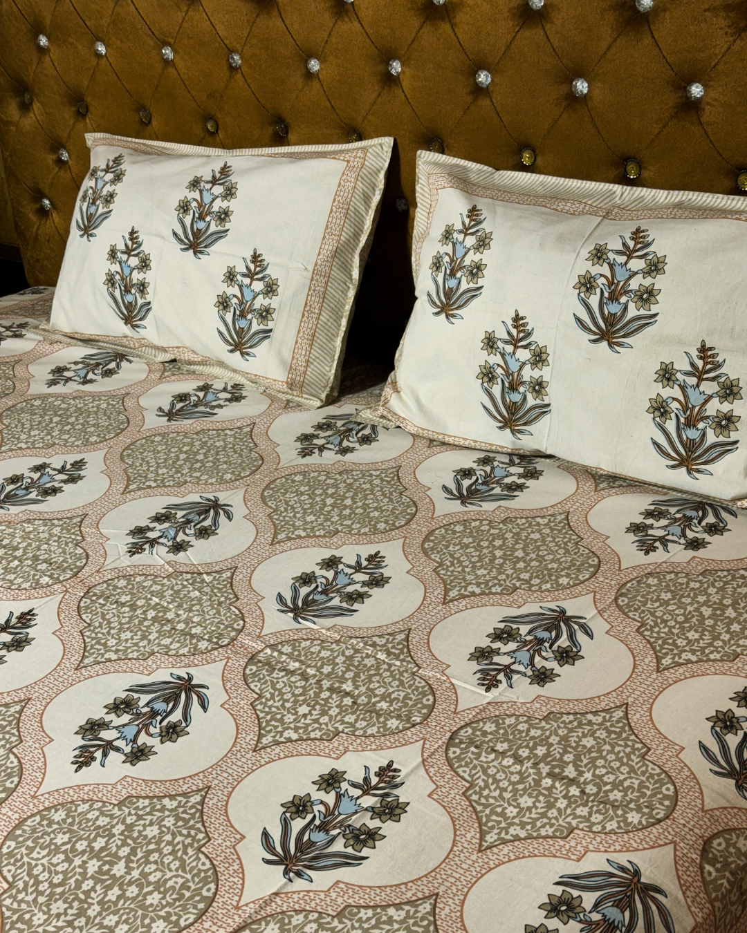 Floral Cotton Bedsheet Set with 2 Pillow Covers – Beige & Pink Ethnic Print | Soft Double Bed Bedsheet - FaagHomes
