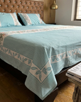 Aqua Blue Floral Striped Cotton Bedsheet Set with 2 Pillow Covers | Soft Double Bed Bedding Set