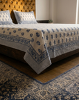 Premium Cotton Floral Print Double Bedsheet with 2 Pillow Covers – Soft Breathable White & Blue Handblock Style Bed Sheet Set (Queen/King Size)