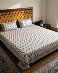 Premium Cotton Floral Print Double Bedsheet with 2 Pillow Covers – Soft Breathable White & Blue Handblock Style Bed Sheet Set (Queen/King Size)