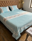 Aqua Blue Floral Striped Cotton Bedsheet Set with 2 Pillow Covers | Soft Double Bed Bedding Set