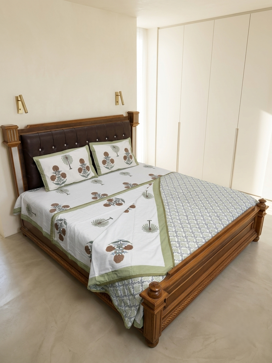 Green Botanical Cotton Dohar Set with Bedsheet – 4 PC Double Bed