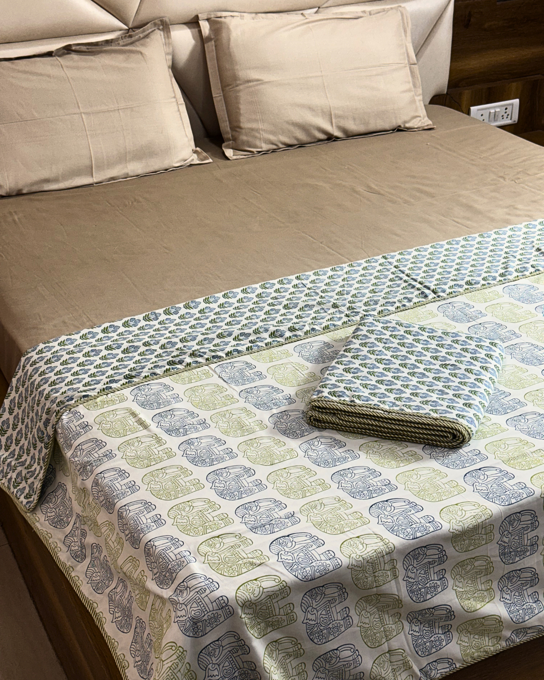 Pair of Hand Block Print Elephant Motif AC Dohar for Single Bed | Lightweight Reversible Summer Blanket - FaagHomes