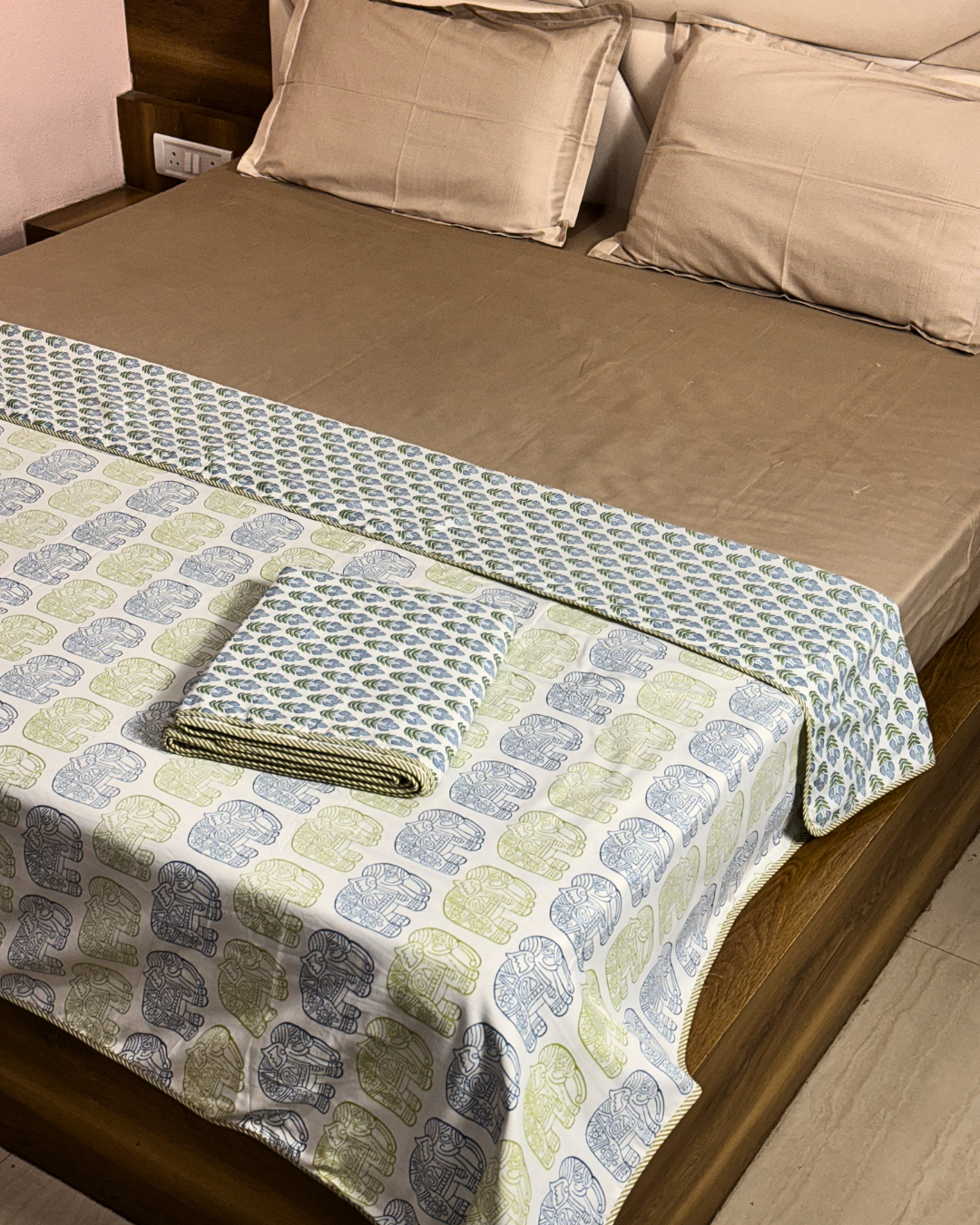 Pair of Hand Block Print Elephant Motif AC Dohar for Single Bed | Lightweight Reversible Summer Blanket - FaagHomes