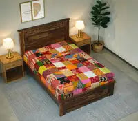 Handmade Kantha Single Bed Bedsheet | Multicolour Patchwork Cotton Bedspread | Traditional Indian Handcrafted Quilt