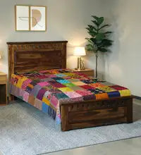 Handmade Kantha Single Bed Bedsheet | Multicolour Patchwork Cotton Quilt | Reversible Boho Indian Bedspread
