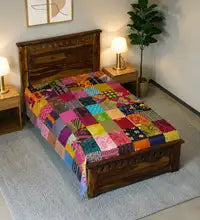 Handmade Kantha Single Bed Bedsheet | Multicolour Patchwork Cotton Quilt | Reversible Boho Indian Bedspread