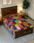 Handmade Kantha Single Bed Bedsheet | Multicolour Patchwork Cotton Quilt | Reversible Boho Indian Bedspread