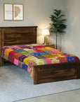 Handmade Multicolor Kantha Bedsheet for Single Bed | Patchwork Cotton Bedspread | Boho Indian Handmade Bedding