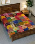 Handmade Multicolor Kantha Bedsheet for Single Bed | Patchwork Cotton Bedspread | Boho Indian Handmade Bedding