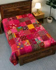 Handmade Multicolor Kantha Bedsheet for Single Bed | Pink Patchwork Cotton Bedspread | Traditional Indian Handmade Bedding