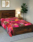 Handmade Multicolor Kantha Bedsheet for Single Bed | Pink Patchwork Cotton Bedspread | Traditional Indian Handmade Bedding