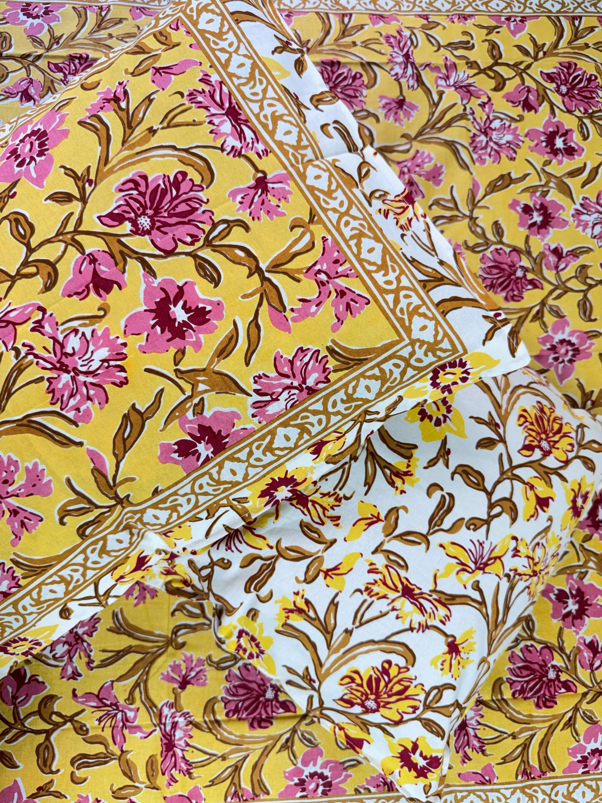 Mustard Floral Vine Printed Single Bedsheet with Pillow Cover