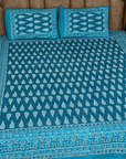 Jaipur Teal Gulmohar Queen Size Bedsheet And Two Pillow Covers 90 X 100 - FaagHomes