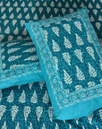 Jaipur Teal Gulmohar Queen Size Bedsheet And Two Pillow Covers 90 X 100 - FaagHomes