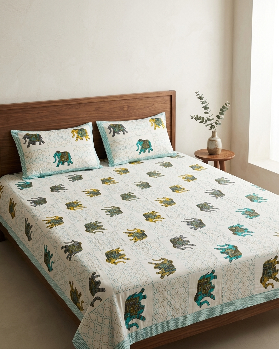 Premium Cotton Elephant Print Double Bedsheet With 2 Pillow Covers – Soft Breathable King Size Bed Sheet Set (White & Teal Ethnic Design) - FaagHomes