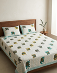 Premium Cotton Elephant Print Double Bedsheet With 2 Pillow Covers – Soft Breathable King Size Bed Sheet Set (White & Teal Ethnic Design) - FaagHomes