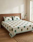 Premium Cotton Elephant Print Double Bedsheet With 2 Pillow Covers – Soft Breathable King Size Bed Sheet Set (White & Teal Ethnic Design) - FaagHomes