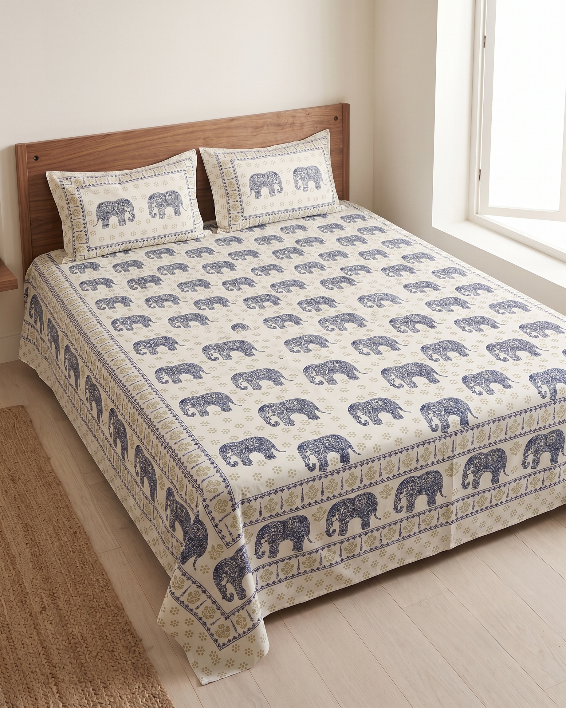 Premium Cotton Elephant Print Double Bedsheet with 2 Pillow Covers – Ethnic Handblock Style Soft Breathable Bed Sheet Set for Queen & King Size Beds - FaagHomes