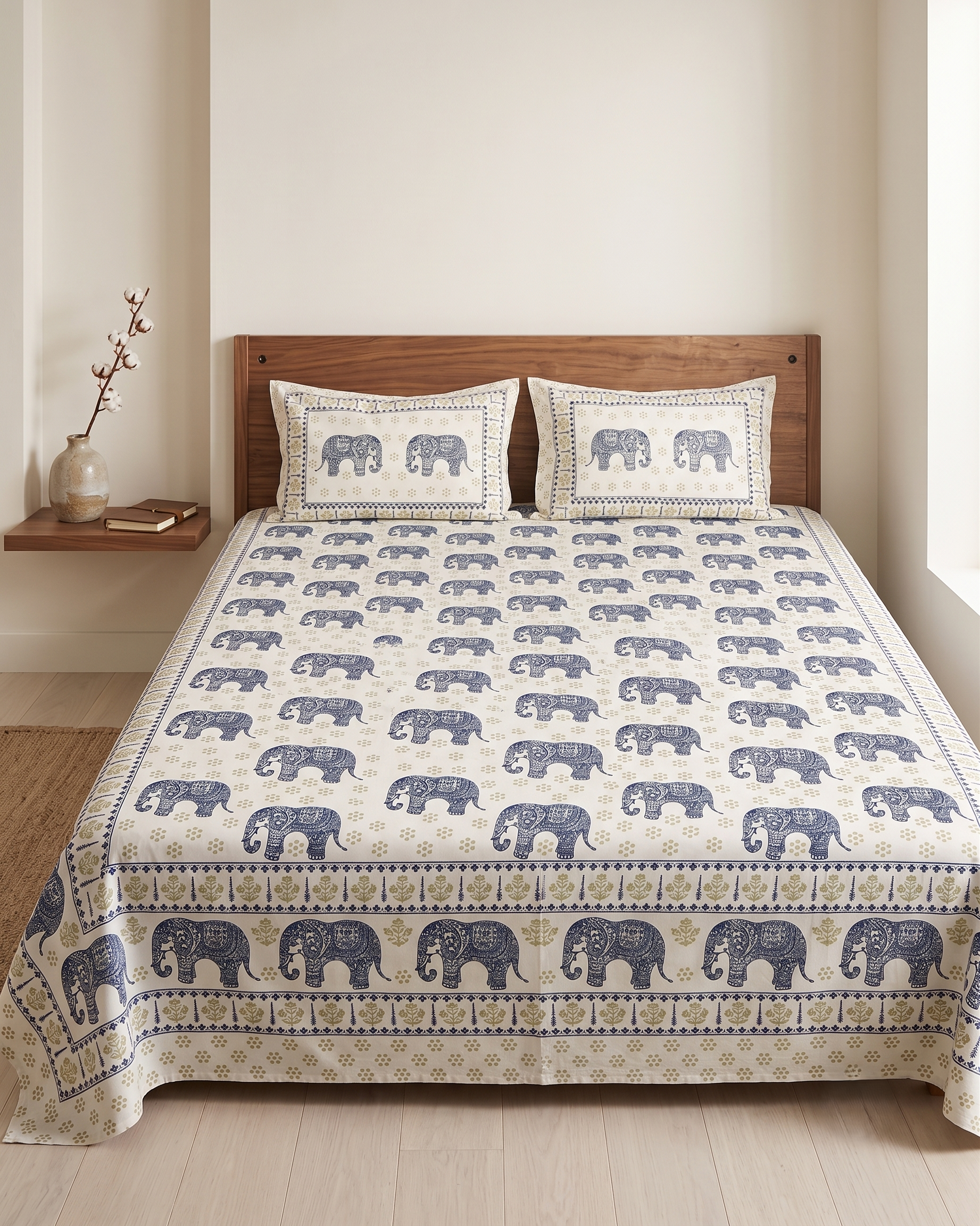 Premium Cotton Elephant Print Double Bedsheet with 2 Pillow Covers – Ethnic Handblock Style Soft Breathable Bed Sheet Set for Queen & King Size Beds - FaagHomes