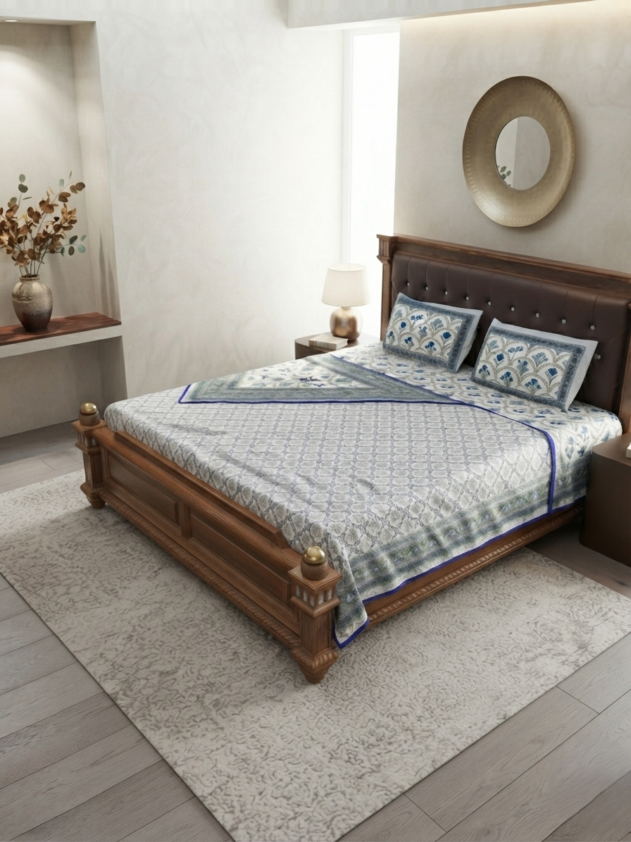 A styled bedroom scene showing a wooden bed dressed with a blue and white patterned quilt and matching pillows, placed in a real interior with a rug, wall decor, and bedside lamp.