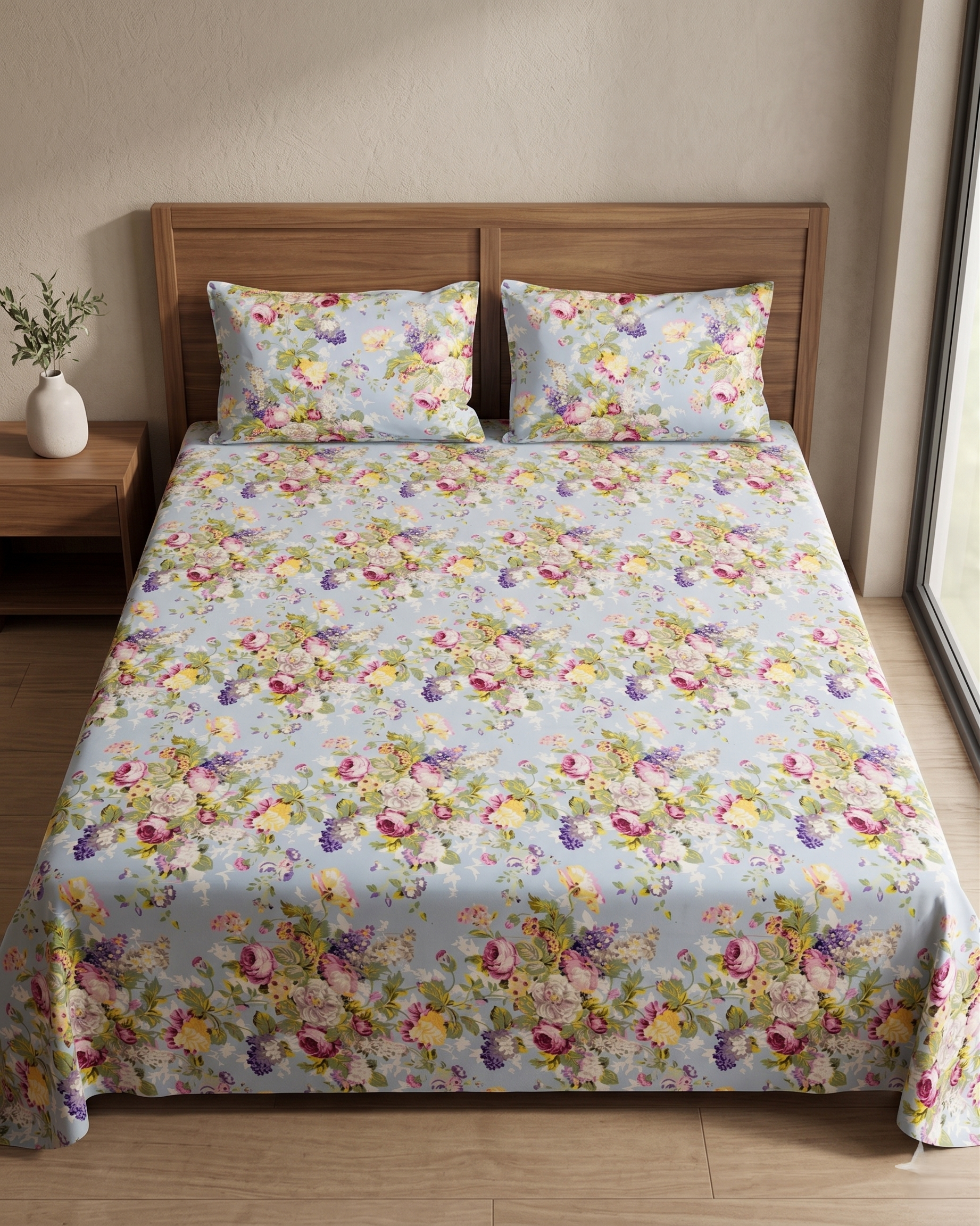 Rang Rajmahal Blue Booti Pure Cotton King Size Bedsheet And Two Pillow Covers 90X108