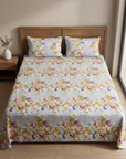 Rang Rajmahal Blue Booti Pure Cotton King Size Bedsheet And Two Pillow Covers 90X108