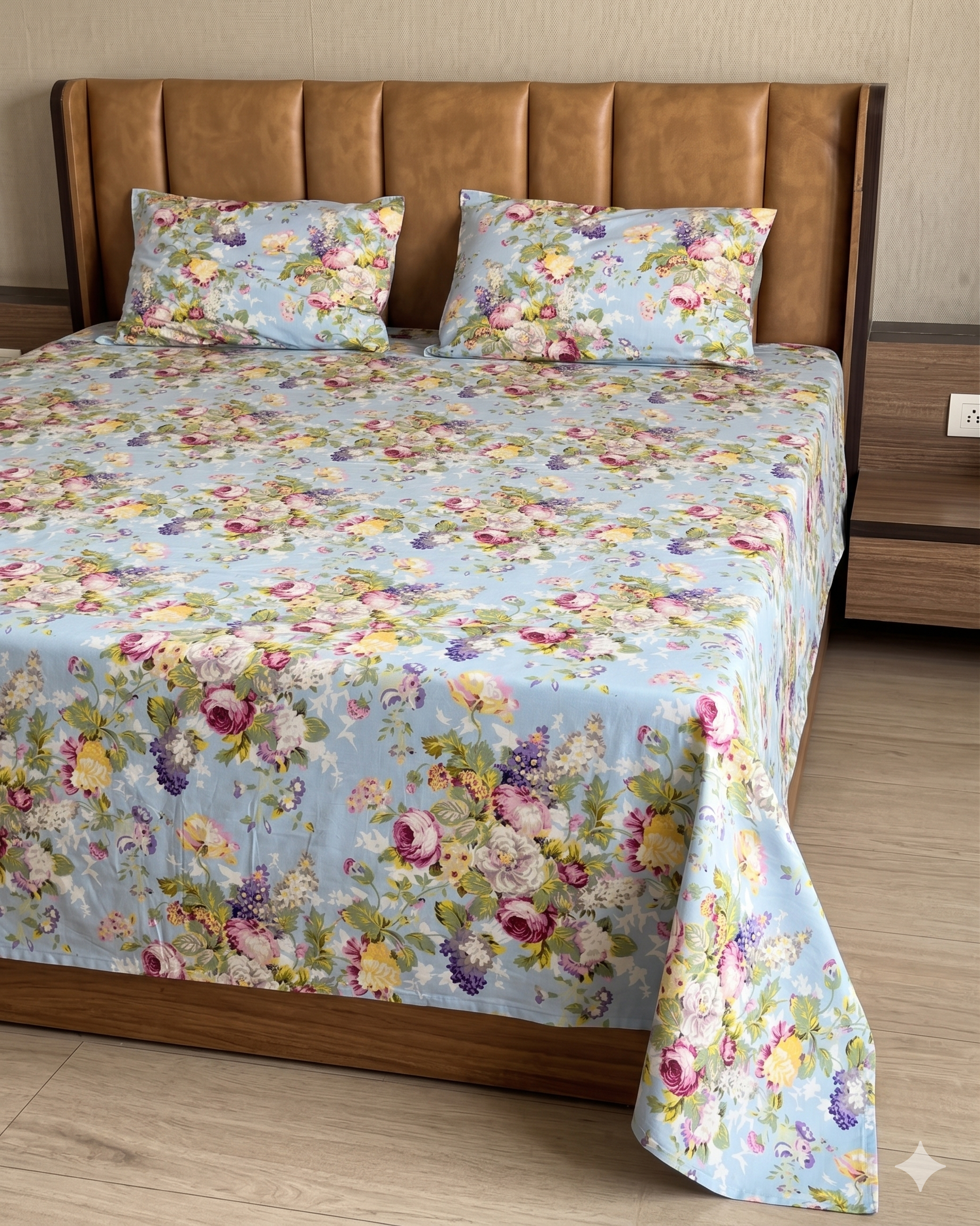 Rang Rajmahal Blue Booti Pure Cotton King Size Bedsheet And Two Pillow Covers 90X108